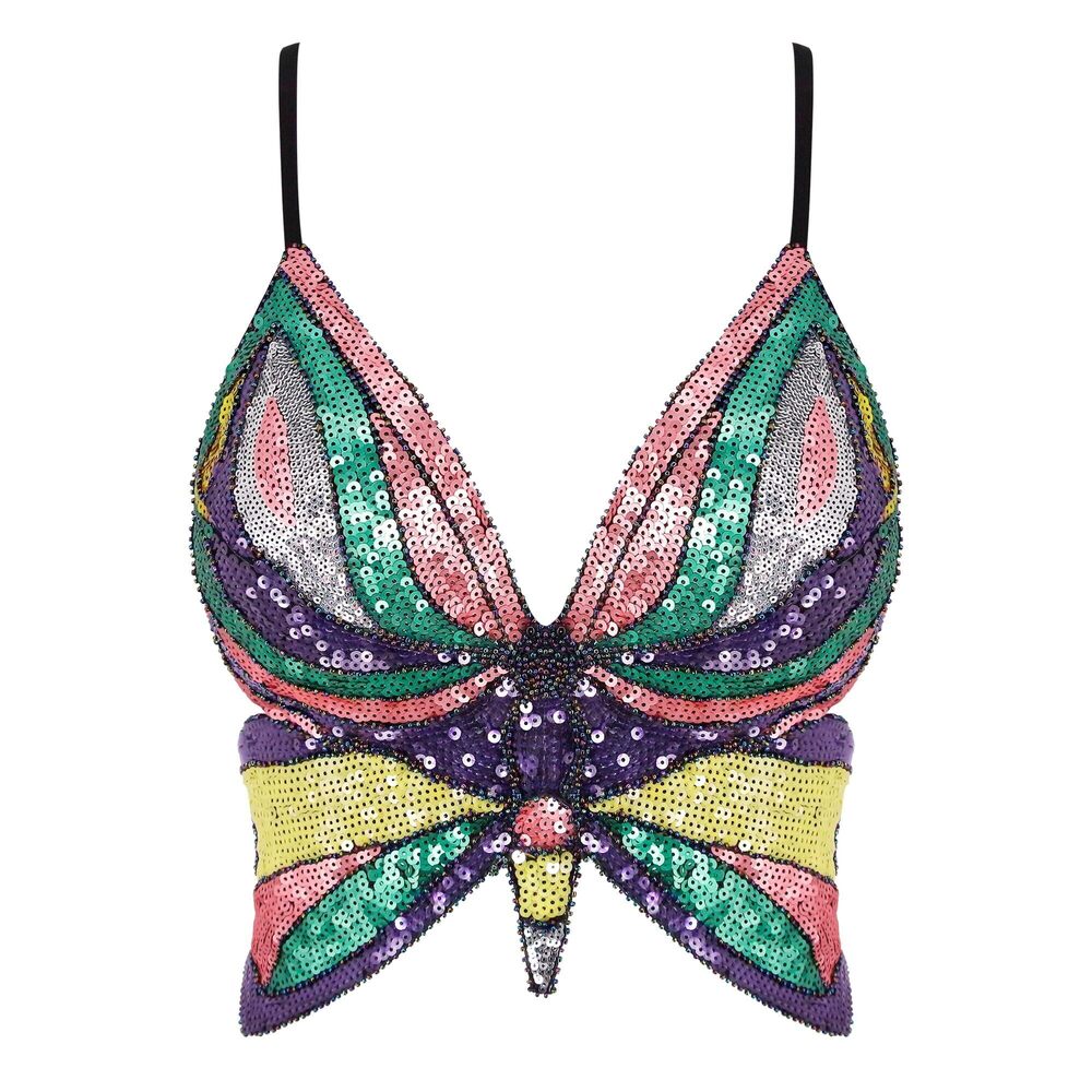 6337 ’s Sexy Butterfly Shape Sequin Crop Top Bandage Lace up Tank Top Belly